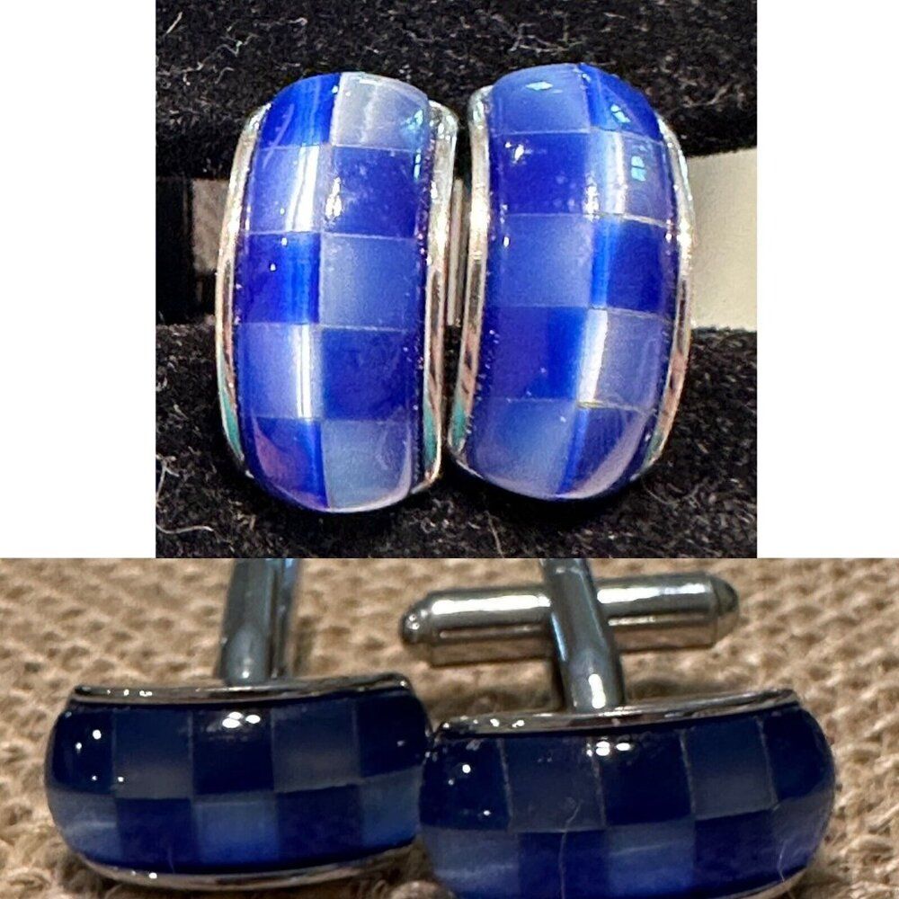 Men’s Silver Tone Blue Checkered Checkerboard Formal Wedding Racing